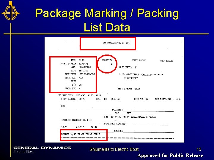 Package Marking / Packing List Data Shipments to Electric Boat 15 Approved for Public