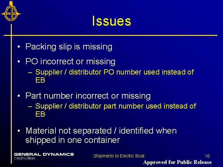 Issues • Packing slip is missing • PO incorrect or missing – Supplier /