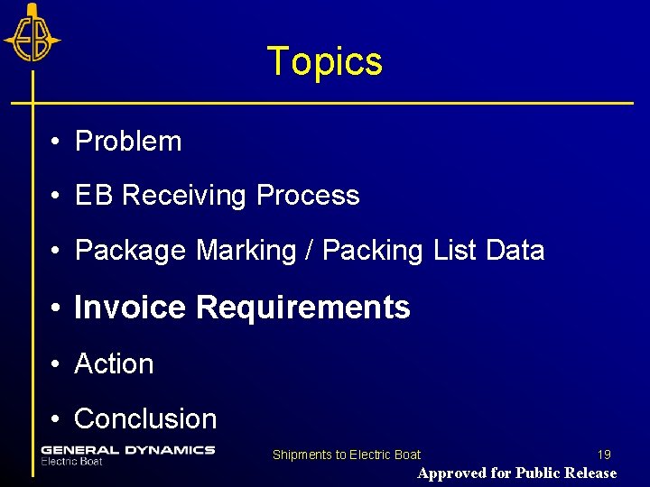 Topics • Problem • EB Receiving Process • Package Marking / Packing List Data