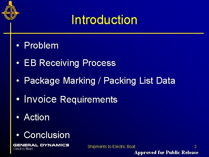 Introduction • Problem • EB Receiving Process • Package Marking / Packing List Data