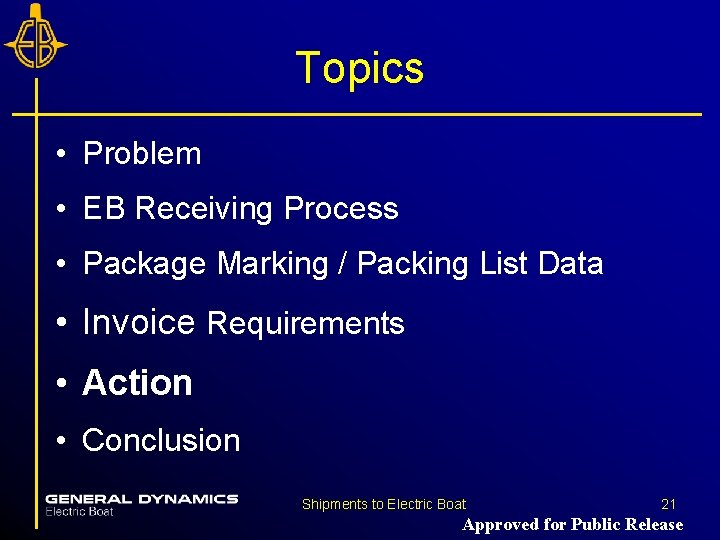 Topics • Problem • EB Receiving Process • Package Marking / Packing List Data