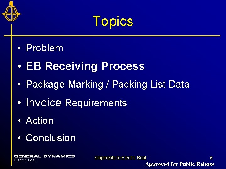 Topics • Problem • EB Receiving Process • Package Marking / Packing List Data