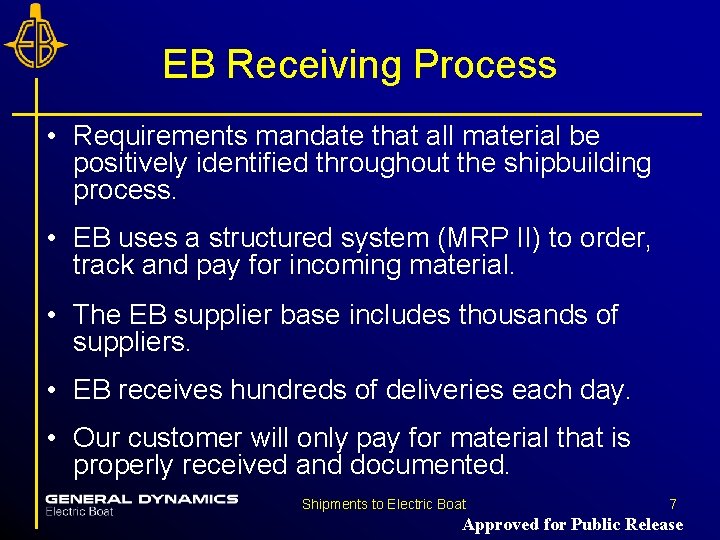 EB Receiving Process • Requirements mandate that all material be positively identified throughout the