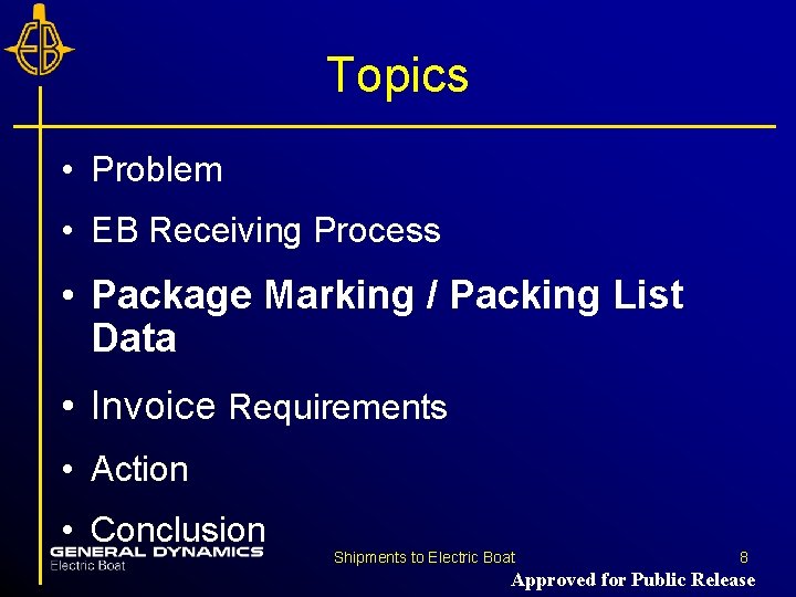 Topics • Problem • EB Receiving Process • Package Marking / Packing List Data