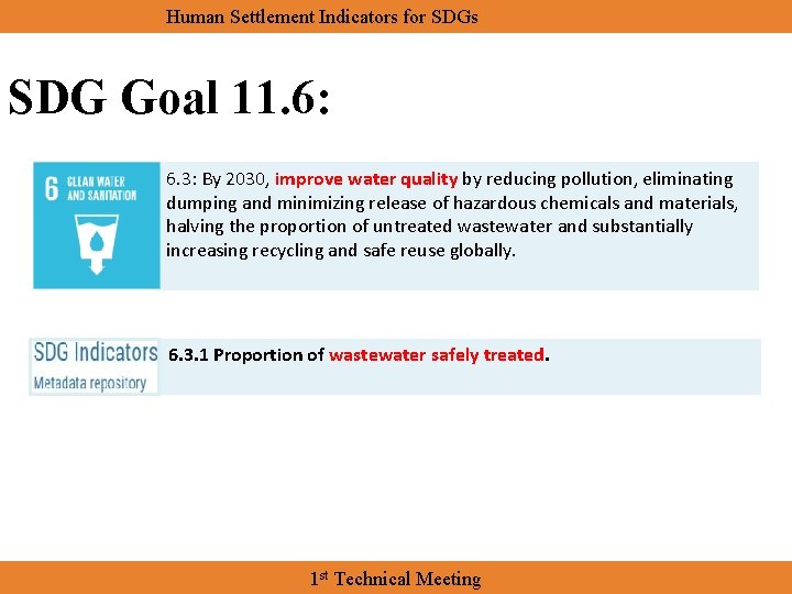 Human Settlement Indicators for SDGs SDG Goal 11. 6: 6. 3: By 2030, improve