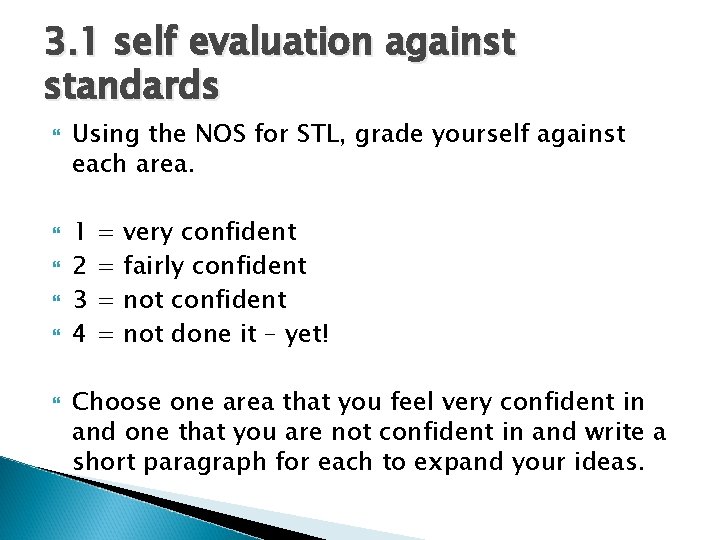 3. 1 self evaluation against standards Using the NOS for STL, grade yourself against