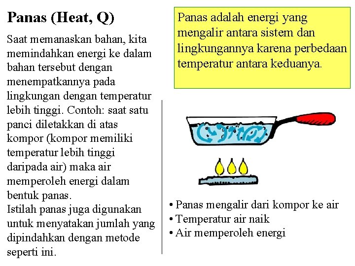 Panas (Heat, Q) Saat memanaskan bahan, kita memindahkan energi ke dalam bahan tersebut dengan