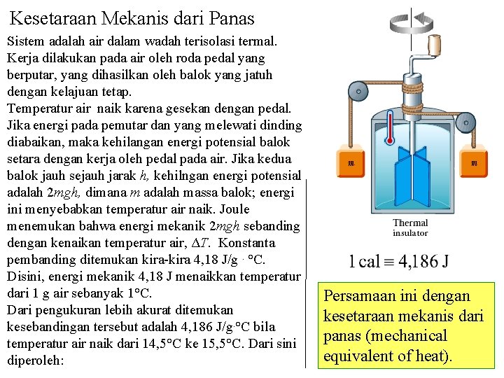 Kesetaraan Mekanis dari Panas Sistem adalah air dalam wadah terisolasi termal. Kerja dilakukan pada