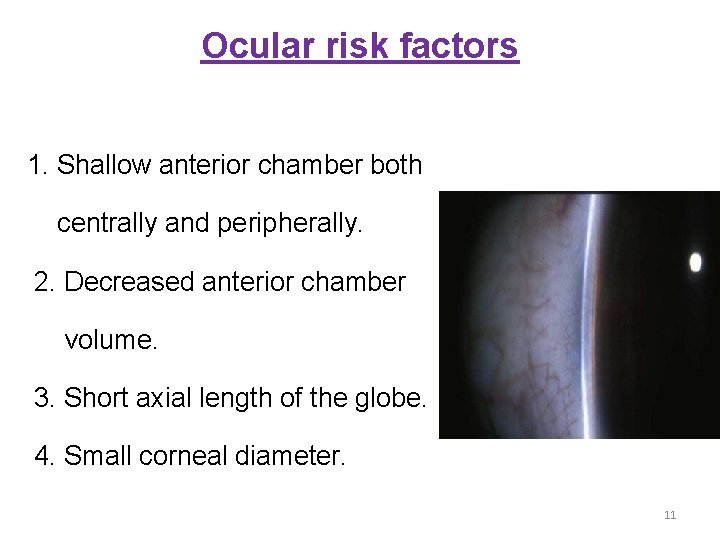 Ocular risk factors 1. Shallow anterior chamber both centrally and peripherally. 2. Decreased anterior