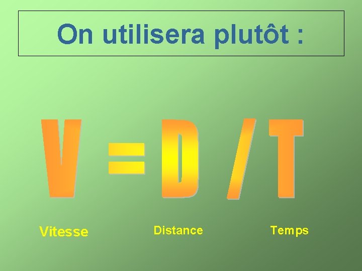 On utilisera plutôt : Vitesse Distance Temps 