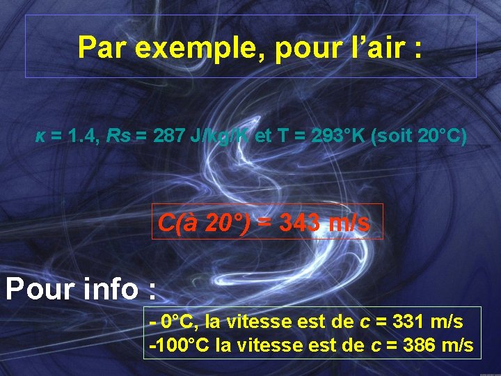 Par exemple, pour l’air : κ = 1. 4, Rs = 287 J/kg/K et