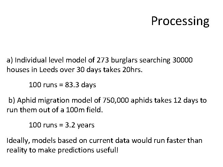 Processing a) Individual level model of 273 burglars searching 30000 houses in Leeds over