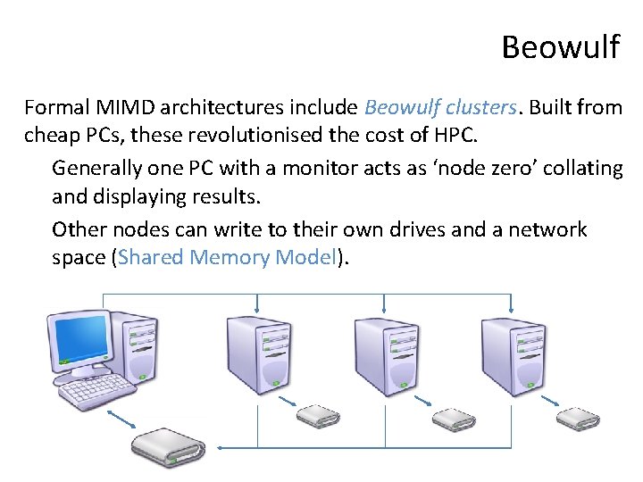 Beowulf Formal MIMD architectures include Beowulf clusters. Built from cheap PCs, these revolutionised the