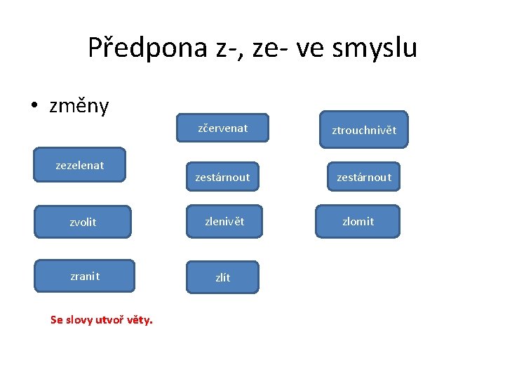 Předpona z-, ze- ve smyslu • změny zezelenat zčervenat ztrouchnivět zestárnout zvolit zlenivět zranit Předpona z-, ze- ve smyslu • změny zezelenat zčervenat ztrouchnivět zestárnout zvolit zlenivět zranit
