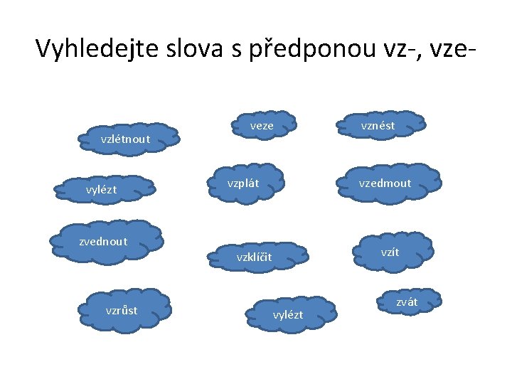 Vyhledejte slova s předponou vz-, vzevzlétnout vylézt zvednout vzrůst veze vzplát vznést vzedmout vzít Vyhledejte slova s předponou vz-, vzevzlétnout vylézt zvednout vzrůst veze vzplát vznést vzedmout vzít