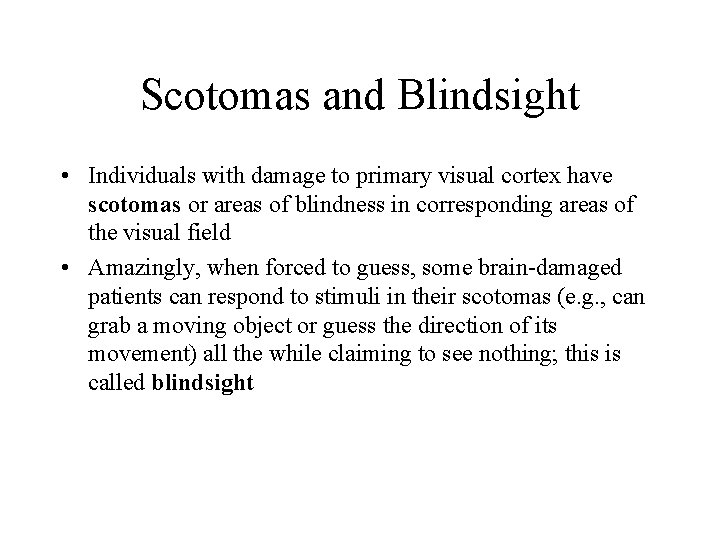 Scotomas and Blindsight • Individuals with damage to primary visual cortex have scotomas or