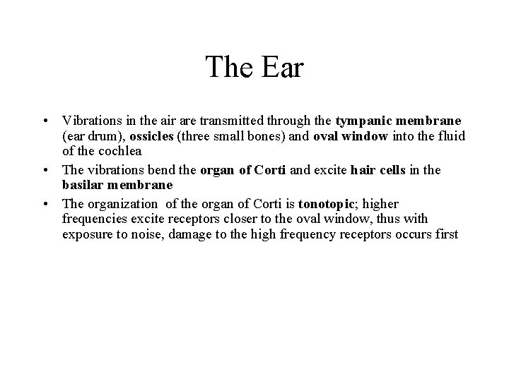 The Ear • Vibrations in the air are transmitted through the tympanic membrane (ear