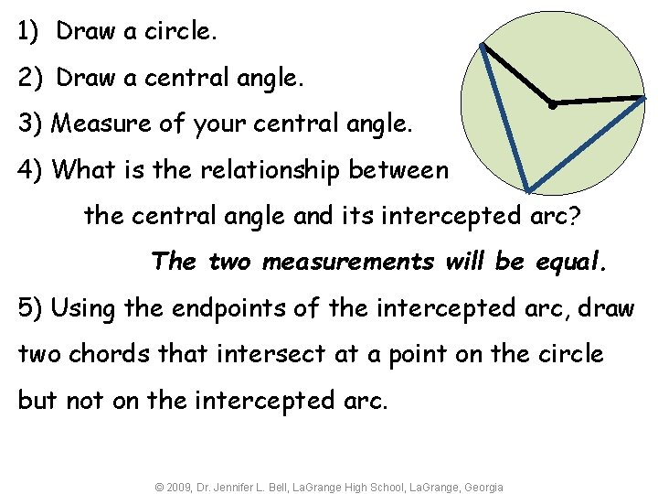 1) Draw a circle. 2) Draw a central angle. 3) Measure of your central