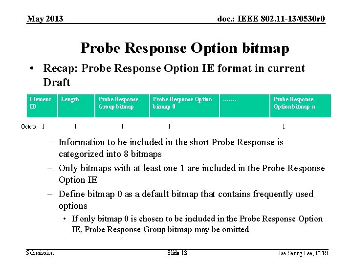 May 2013 doc. : IEEE 802. 11 -13/0530 r 0 Probe Response Option bitmap