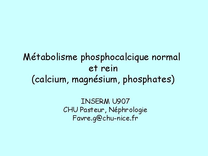 Métabolisme phosphocalcique normal et rein (calcium, magnésium, phosphates) INSERM U 907 CHU Pasteur, Néphrologie