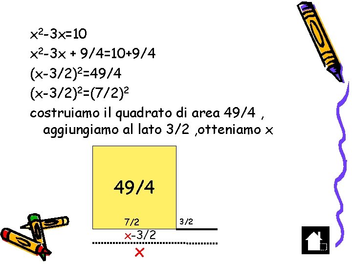 x 2 -3 x=10 x 2 -3 x + 9/4=10+9/4 (x-3/2)2=49/4 (x-3/2)2=(7/2)2 costruiamo il