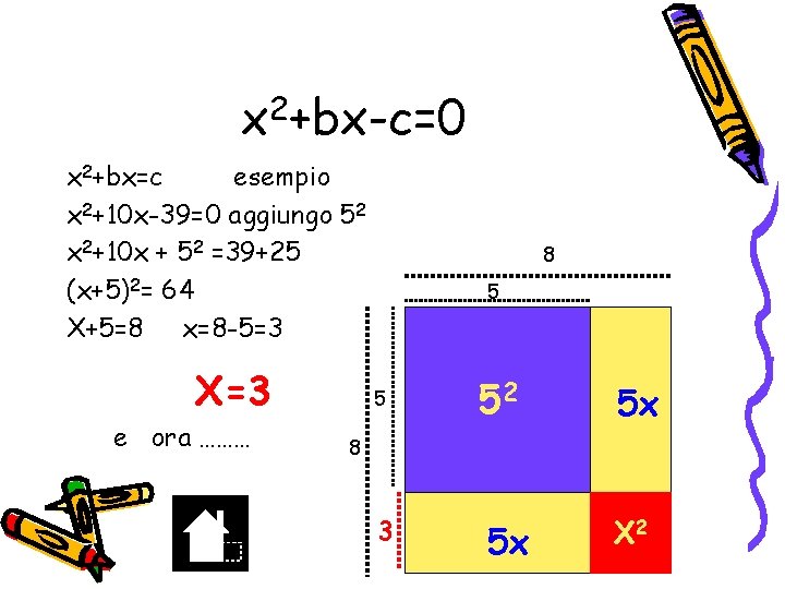 x 2+bx-c=0 x 2+bx=c esempio x 2+10 x-39=0 aggiungo 52 x 2+10 x +