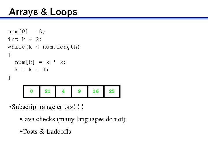 Arrays & Loops num[0] = 0; int k = 2; while(k < num. length)