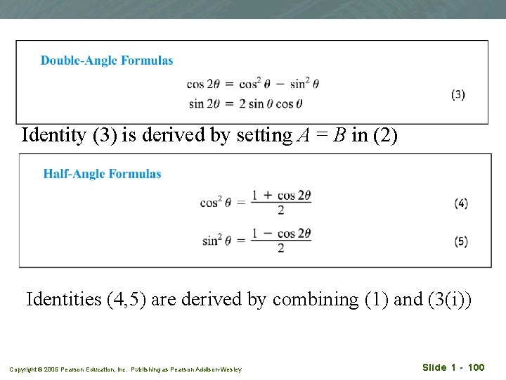 Identity (3) is derived by setting A = B in (2) Identities (4, 5)