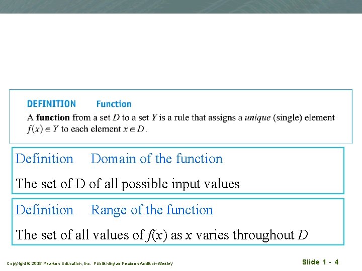 Definition Domain of the function The set of D of all possible input values