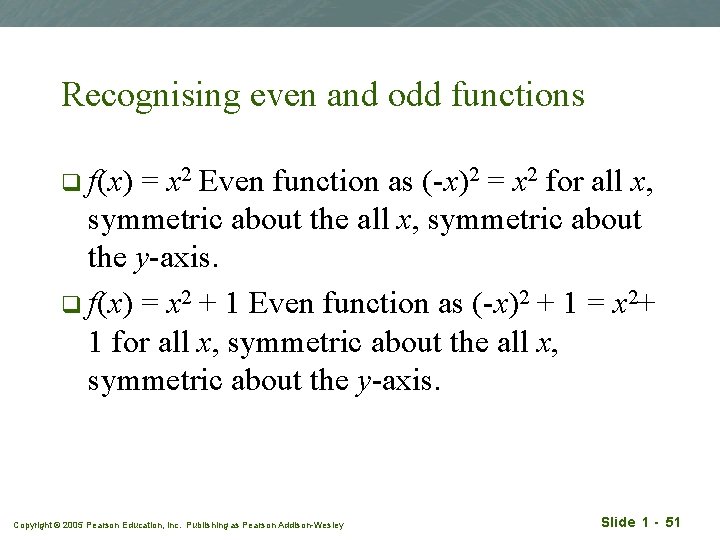 Recognising even and odd functions q f(x) = x 2 Even function as (-x)2