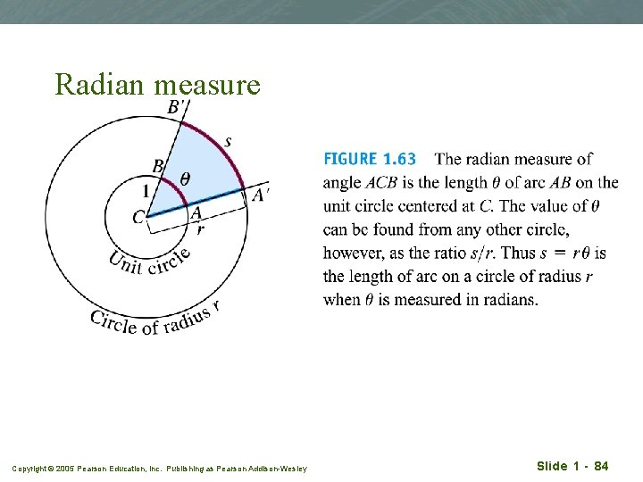 Radian measure Copyright © 2005 Pearson Education, Inc. Publishing as Pearson Addison-Wesley Slide 1