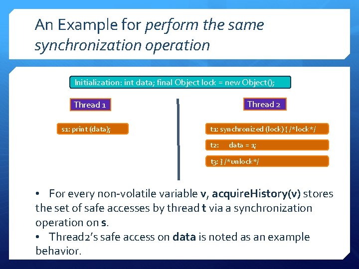 An Example for perform the same synchronization operation Initialization: int data; final Object lock