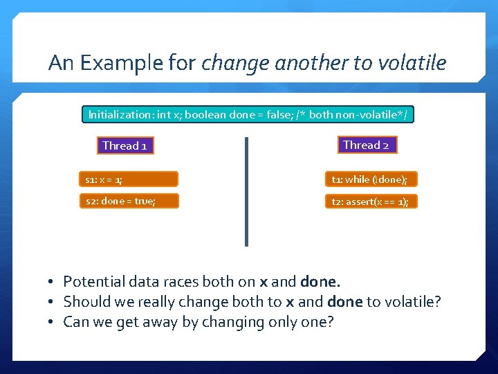 An Example for change another to volatile Initialization: int x; boolean done = false;