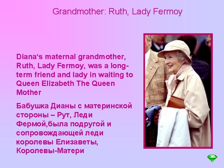 Grandmother: Ruth, Lady Fermoy . Diana‘s maternal grandmother, Ruth, Lady Fermoy, was a longterm