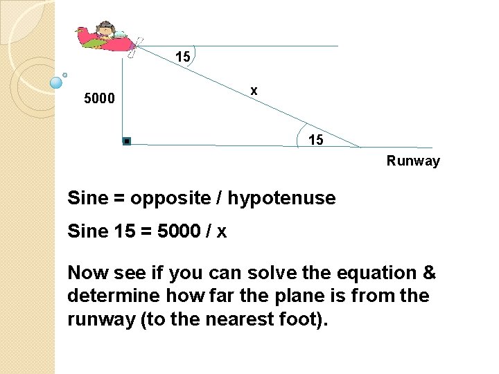 15 5000 x 15 Runway Sine = opposite / hypotenuse Sine 15 = 5000