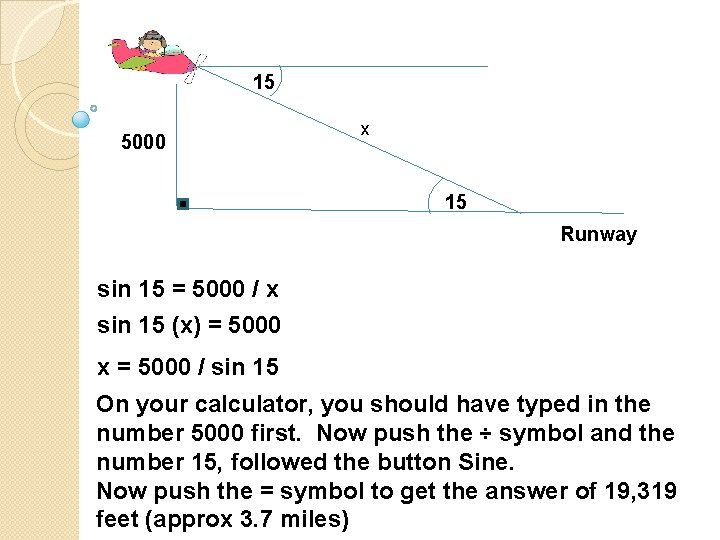 15 5000 x 15 Runway sin 15 = 5000 / x sin 15 (x)