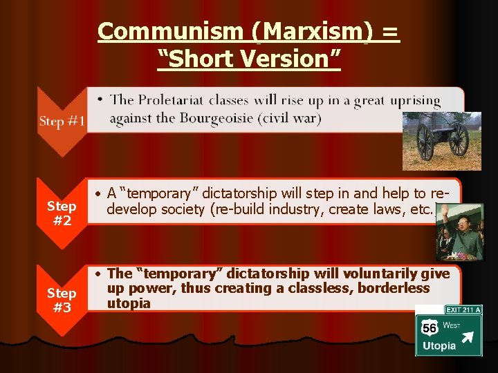 Communism (Marxism) = “Short Version” Step #2 Step #3 • A “temporary” dictatorship will