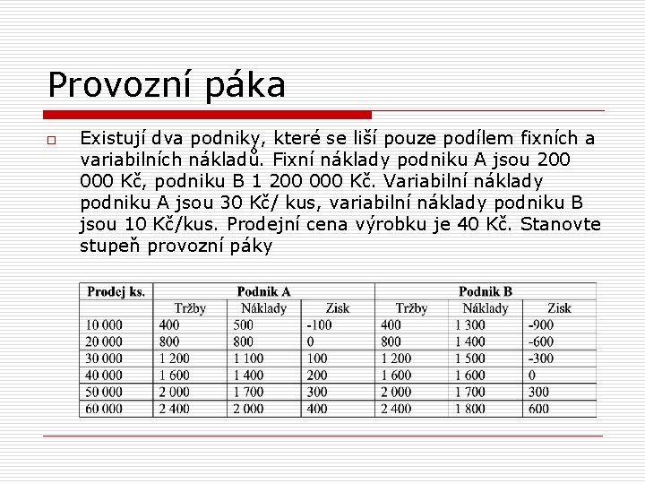 Provozní páka o Existují dva podniky, které se liší pouze podílem fixních a variabilních