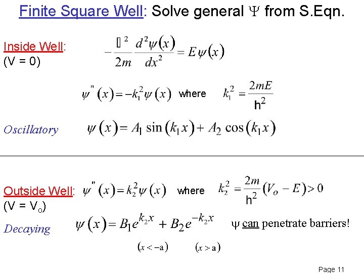 Finite Square Well: Solve general from S. Eqn. Inside Well: (V = 0) where