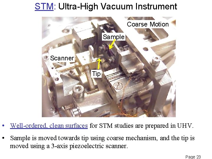 STM: Ultra-High Vacuum Instrument Coarse Motion Sample Scanner Tip • Well-ordered, clean surfaces for