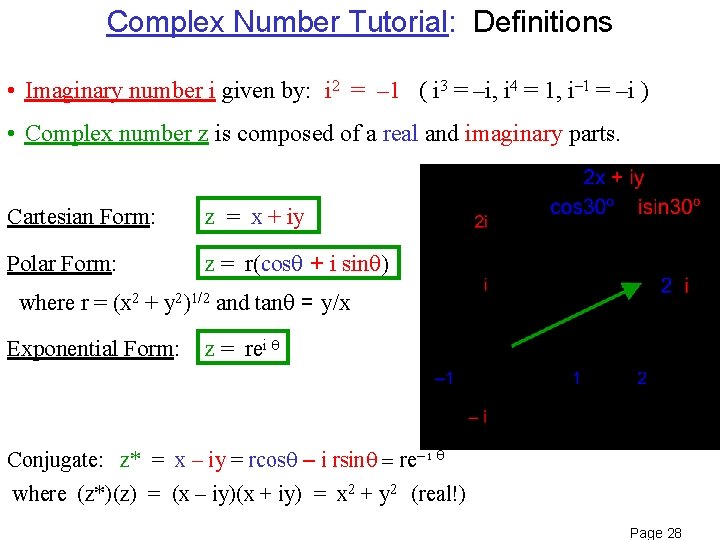 Complex Number Tutorial: Definitions • Imaginary number i given by: i 2 = –