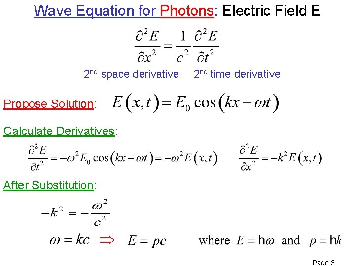 Wave Equation for Photons: Electric Field E 2 nd space derivative 2 nd time
