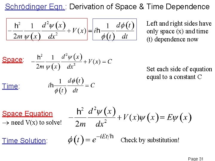 Schrödinger Eqn. : Derivation of Space & Time Dependence Left and right sides have