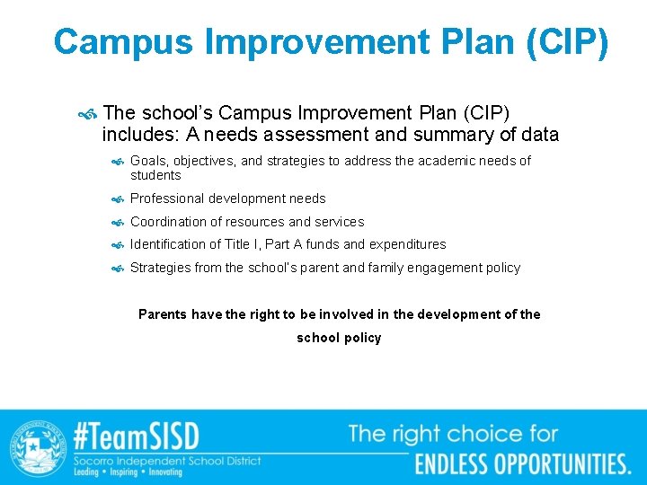 Campus Improvement Plan (CIP) The school’s Campus Improvement Plan (CIP) includes: A needs assessment