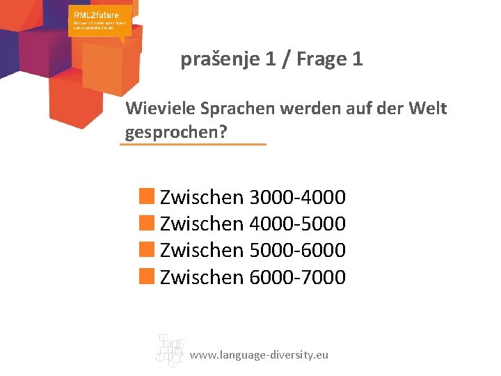 prašenje 1 / Frage 1 Wieviele Sprachen werden auf der Welt gesprochen? Zwischen 3000