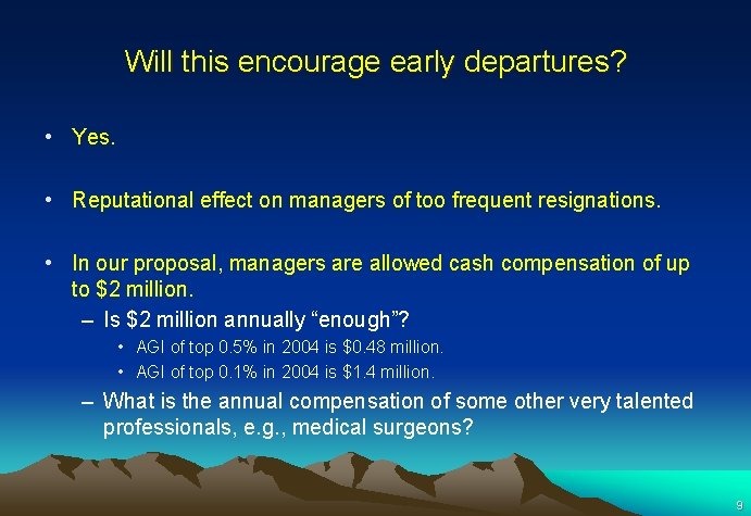 Will this encourage early departures? • Yes. • Reputational effect on managers of too Will this encourage early departures? • Yes. • Reputational effect on managers of too