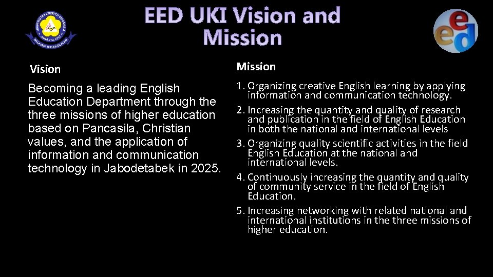 Vision Mission Becoming a leading English Education Department through the three missions of higher