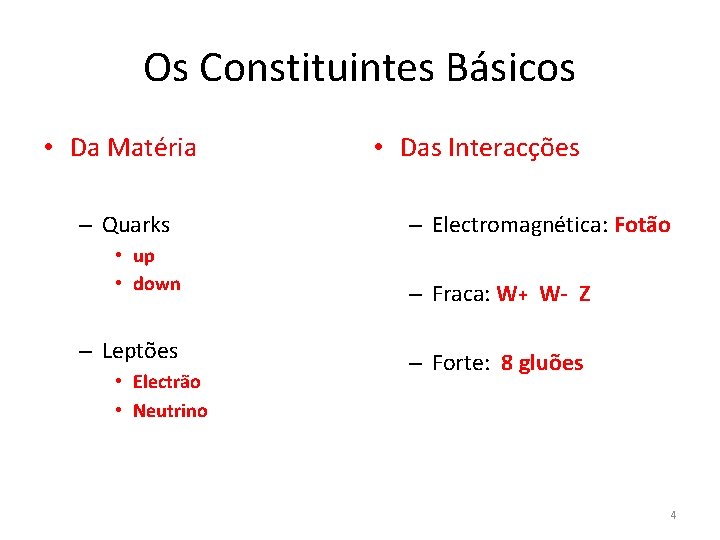 Os Constituintes Básicos • Da Matéria – Quarks • up • down – Leptões Os Constituintes Básicos • Da Matéria – Quarks • up • down – Leptões