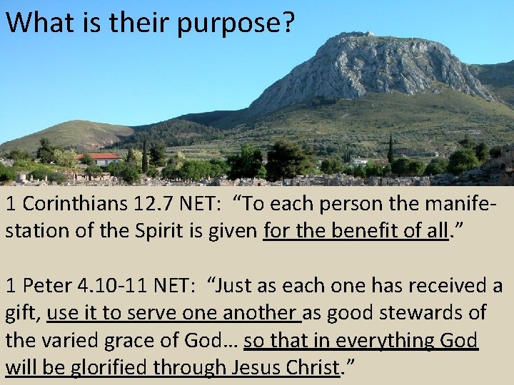 What is their purpose? 1 Corinthians 12. 7 NET: “To each person the manifestation