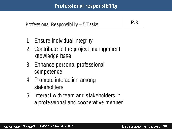Professional responsibility FORMATIONPMI® / PMP® PMBOK ® 5 th edition 2013 © EGILIA LEARNING Professional responsibility FORMATIONPMI® / PMP® PMBOK ® 5 th edition 2013 © EGILIA LEARNING